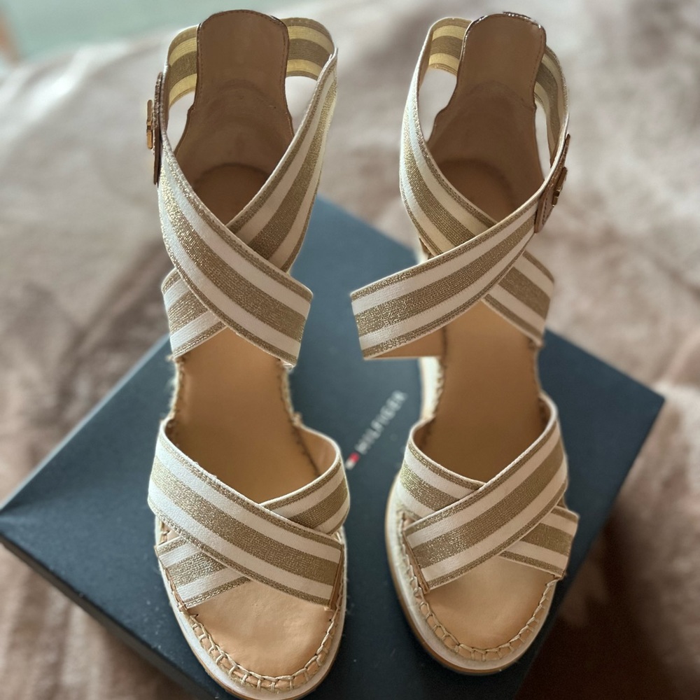 Espadrille Wedge Sandal, Gold/Tan. Like new. Very beautiful and comfortable